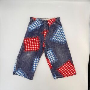 Vtg Patchwork Baby Pants – 12M Rustic Gingham Faux Denim with Printed Patches